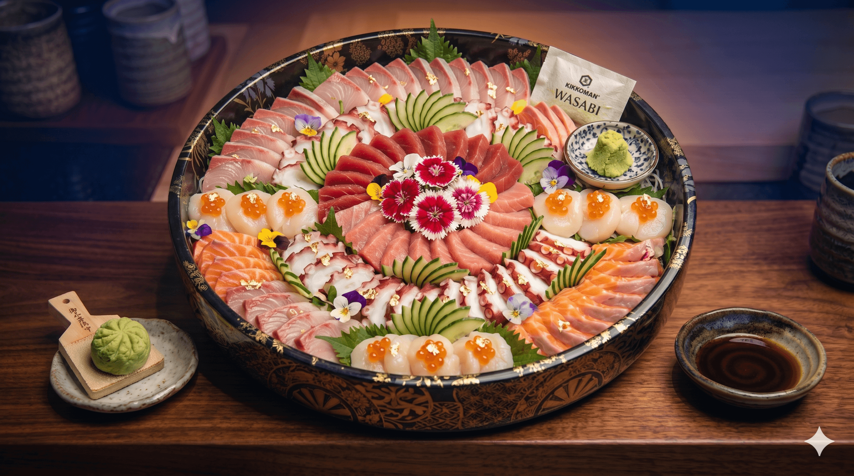 Large sashimi platter — ceremonial moriawase with salmon, kingfish, tuna, scallops and gold leaf garnish