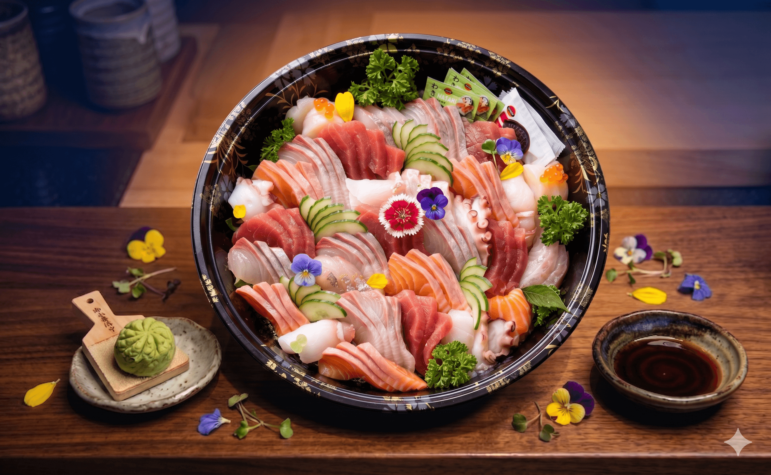 Medium sashimi platter — salmon, kingfish, tuna, octopus and edible flowers, hand-sliced fresh daily