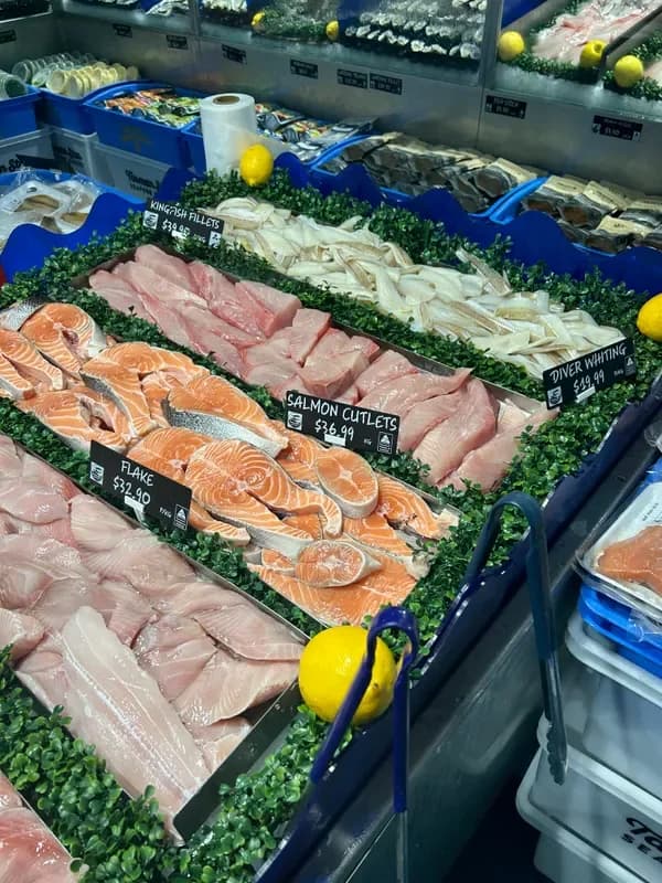 Fish and seafood displayed in the Tasman Star market