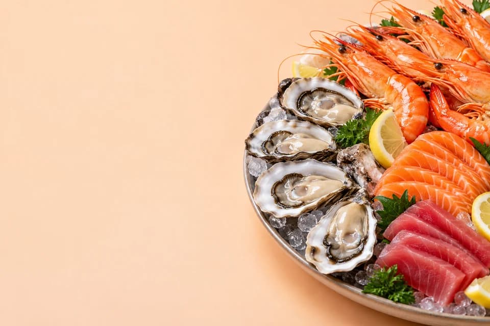 A sharing platter of prawns, oysters and sashimi