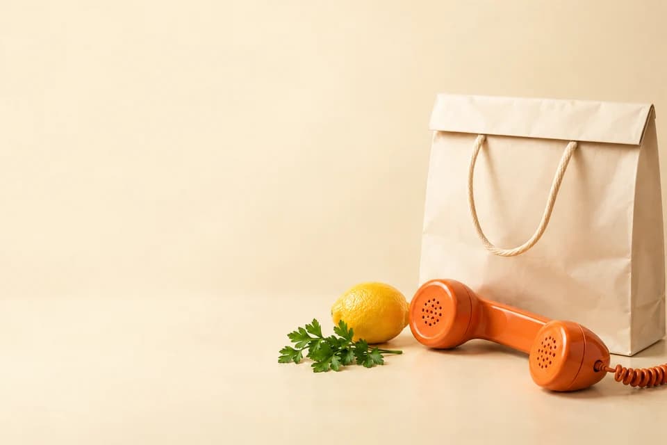An orange telephone beside a seafood shopping bag