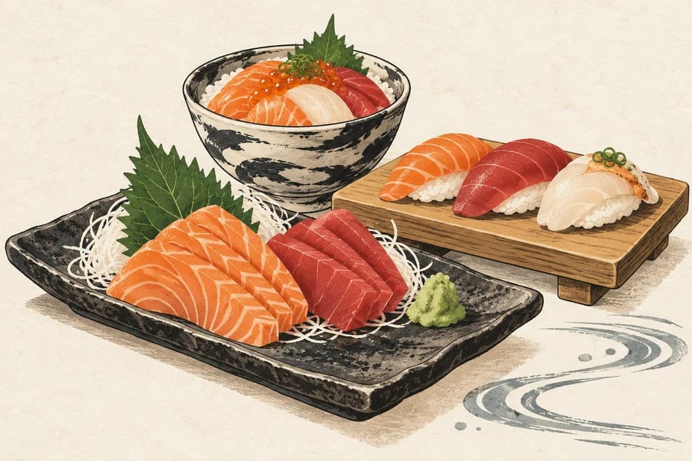 Japanese illustration of sashimi, nigiri sushi and a seafood rice bowl