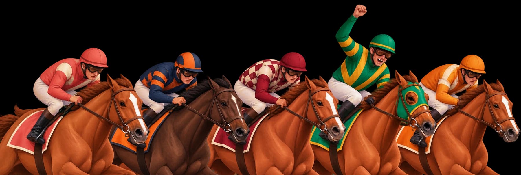 Colourful illustrated racehorses and jockeys, with one jockey celebrating