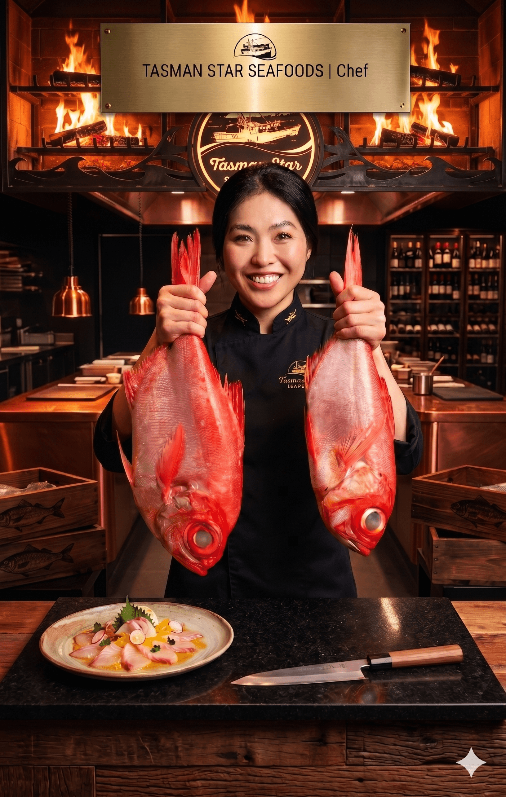 Head chef at Tasman Star Seafood holding fresh red emperor fish
