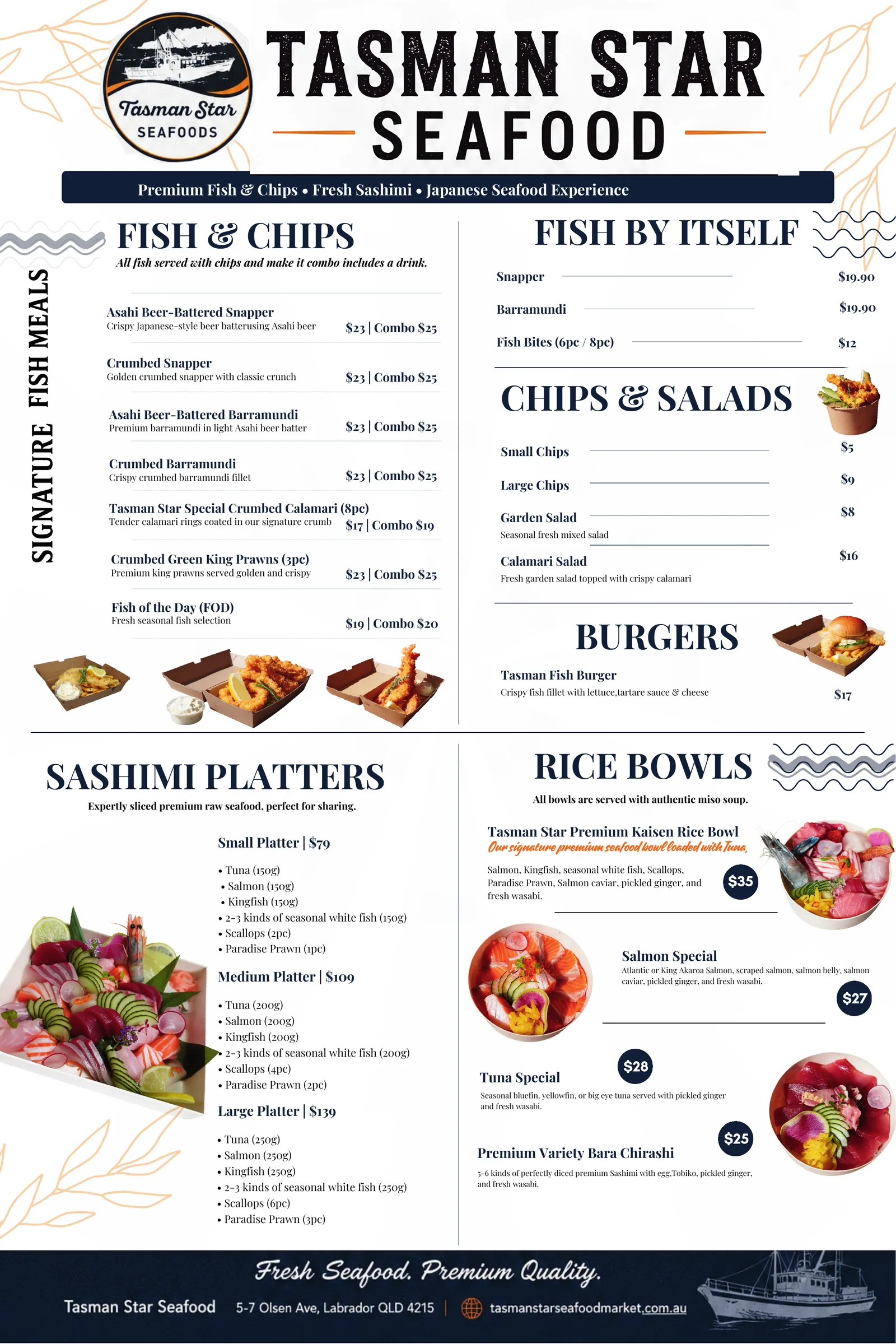 Tasman Star Seafood in-store menu — Fish & Chips, Sashimi Platters, Rice Bowls and Burgers with prices