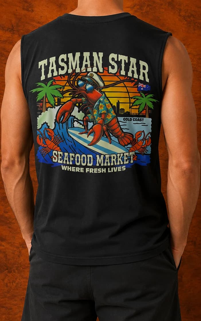 Tasman Star Singlet, Black, fresh Merch from Tasman Star Seafood, Gold Coast