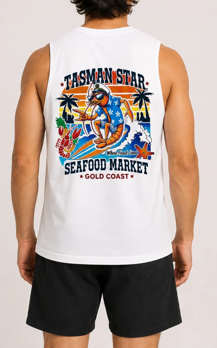 Tasman Star Singlet, White, fresh Merch from Tasman Star Seafood, Gold Coast